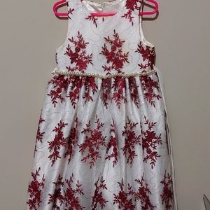 5T Cream Dress with burgundy embroidery flowers